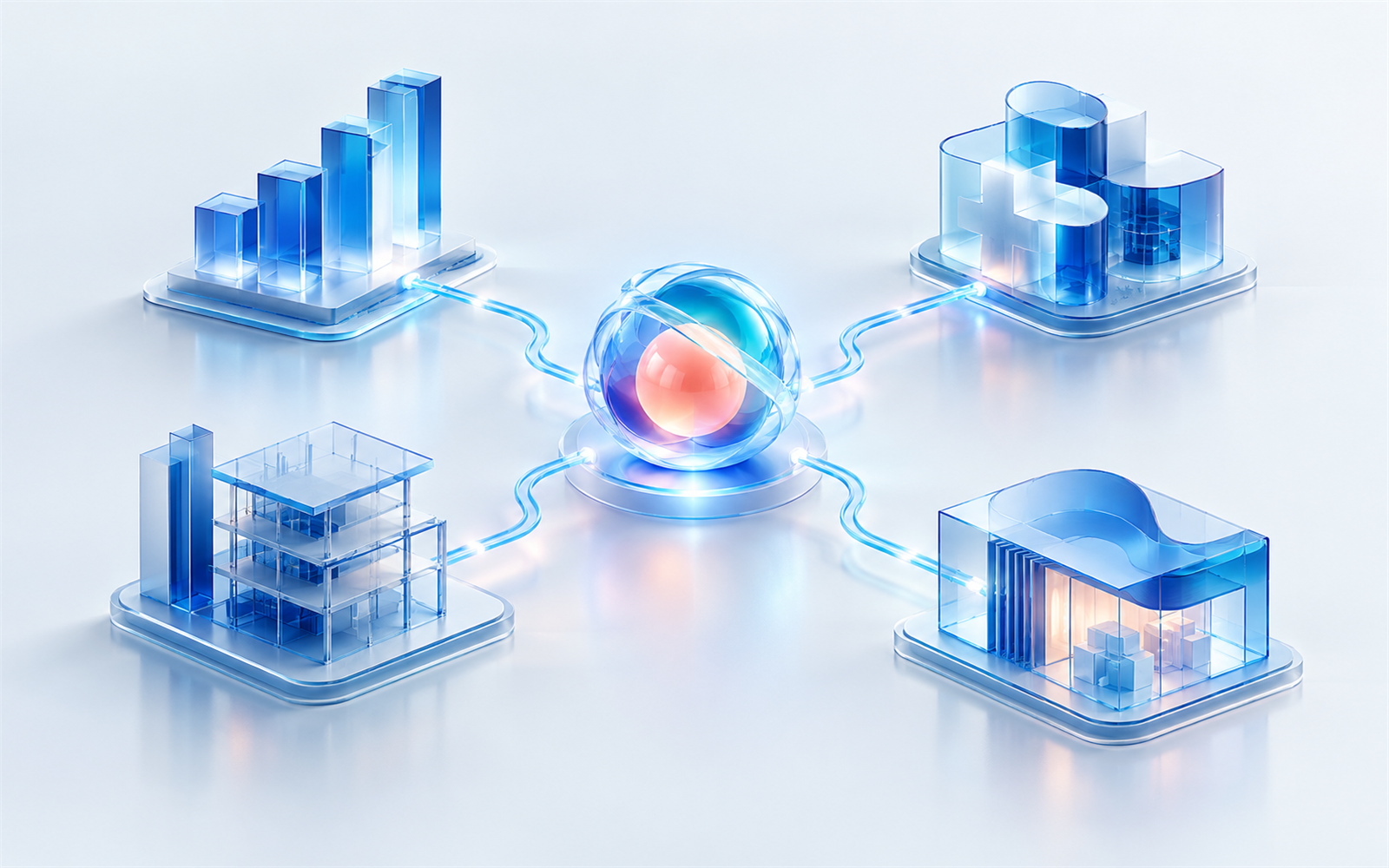 Four industry systems connected through one central AI operating layer